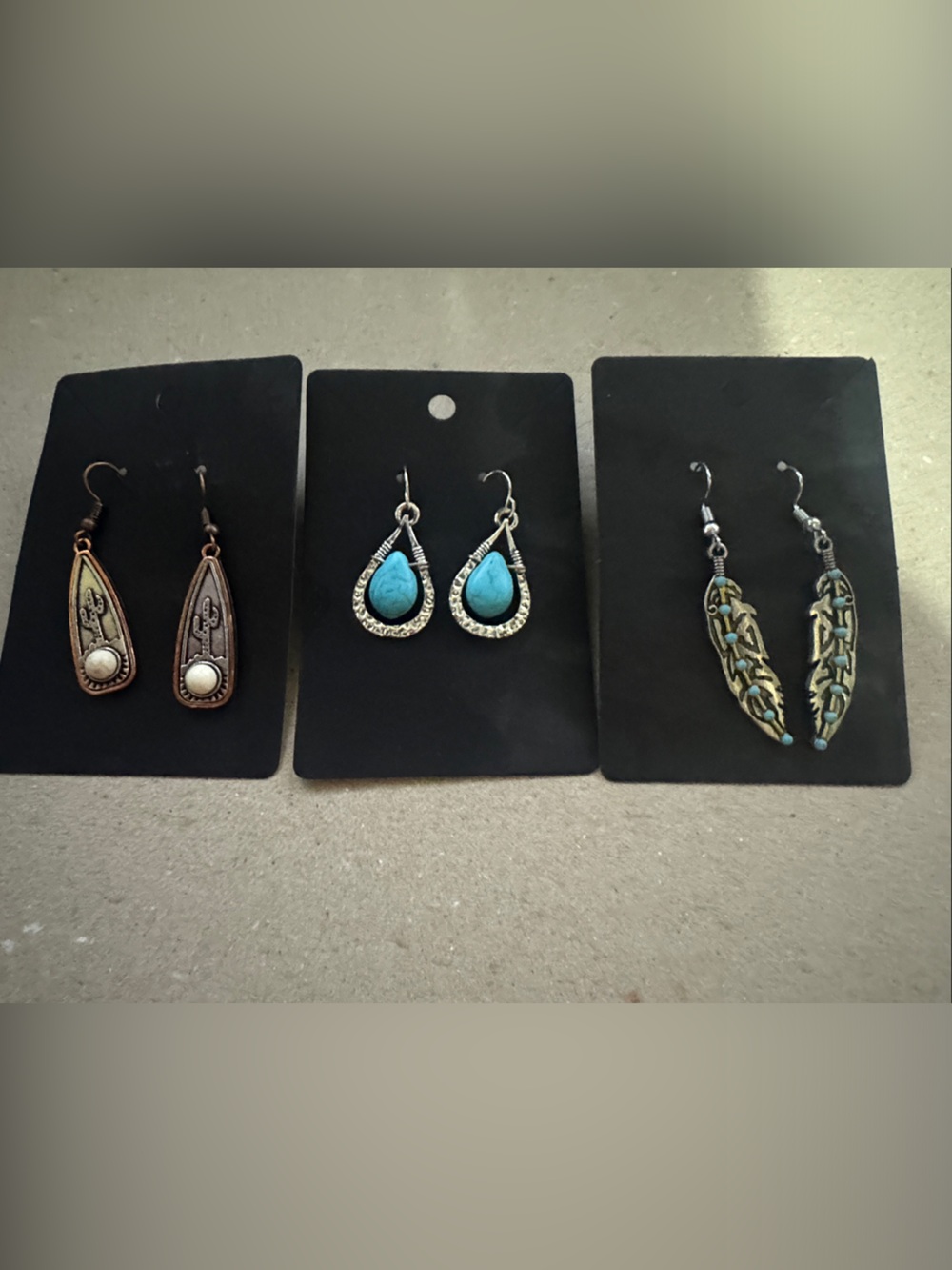 Turquoise Teardrop and Bronze Boho Earrings Set - Women Western Jewelry LOT of 3